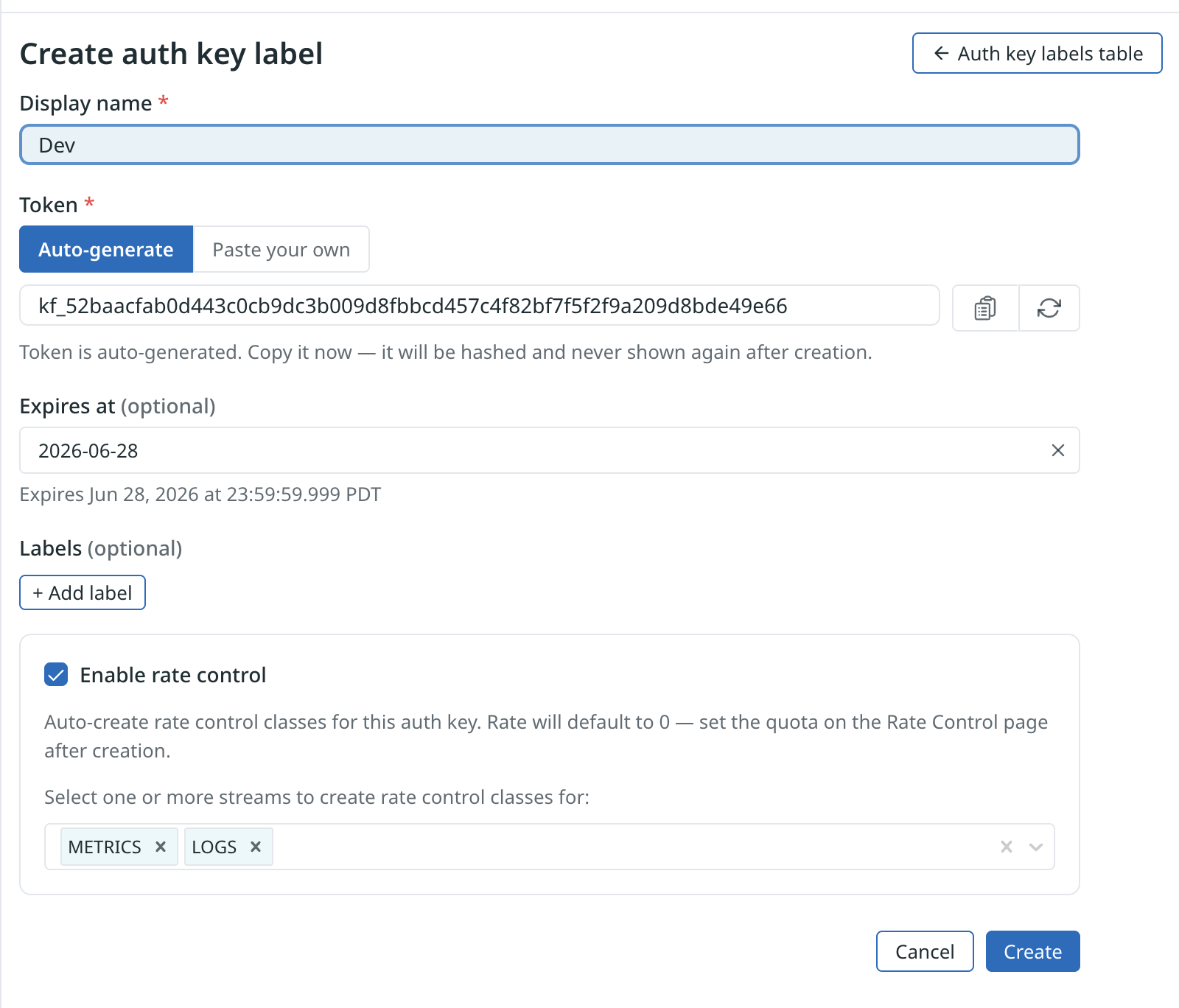 Create auth key label form with Display name
