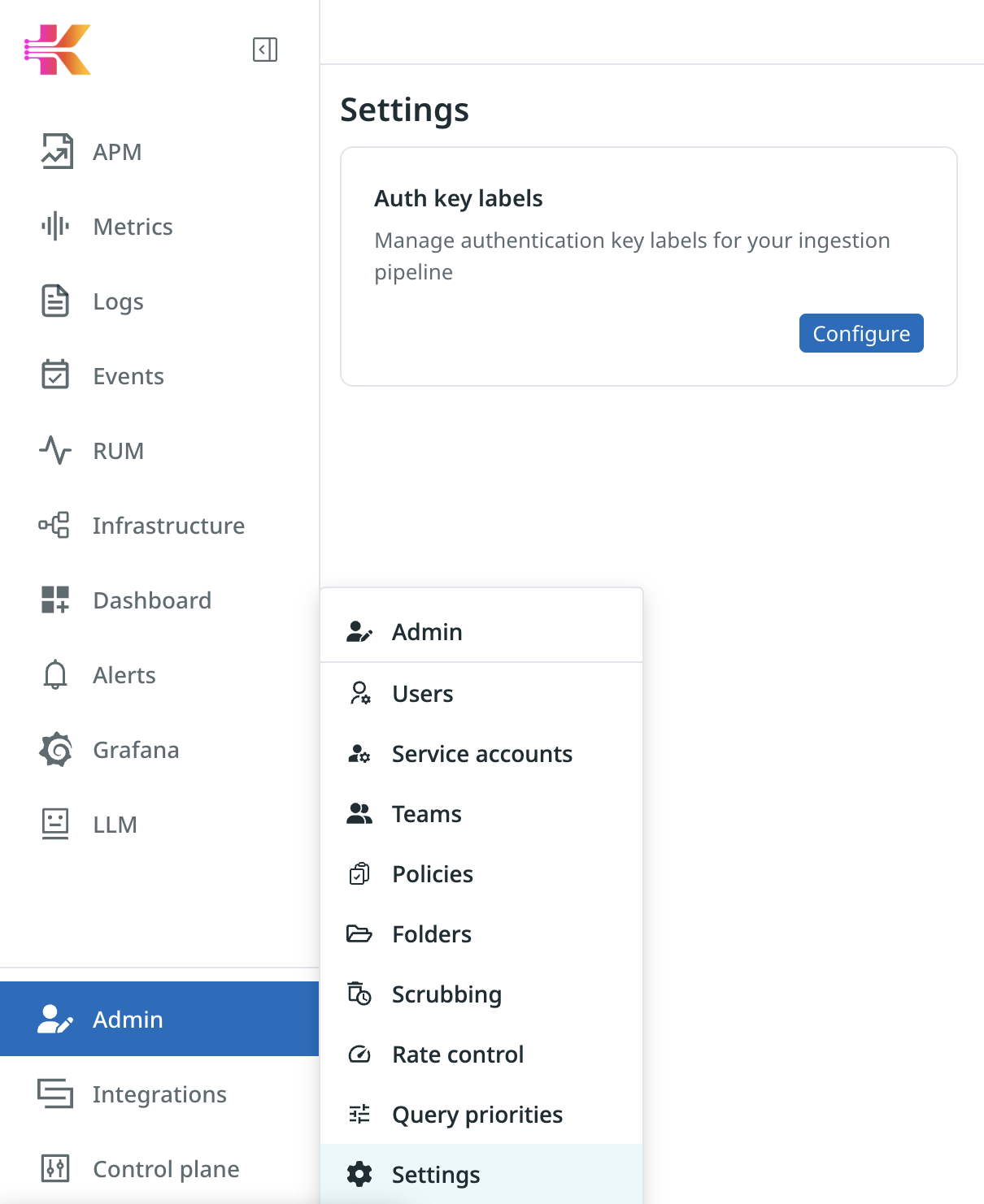 Admin > Settings page with the Auth key labels card and Configure button