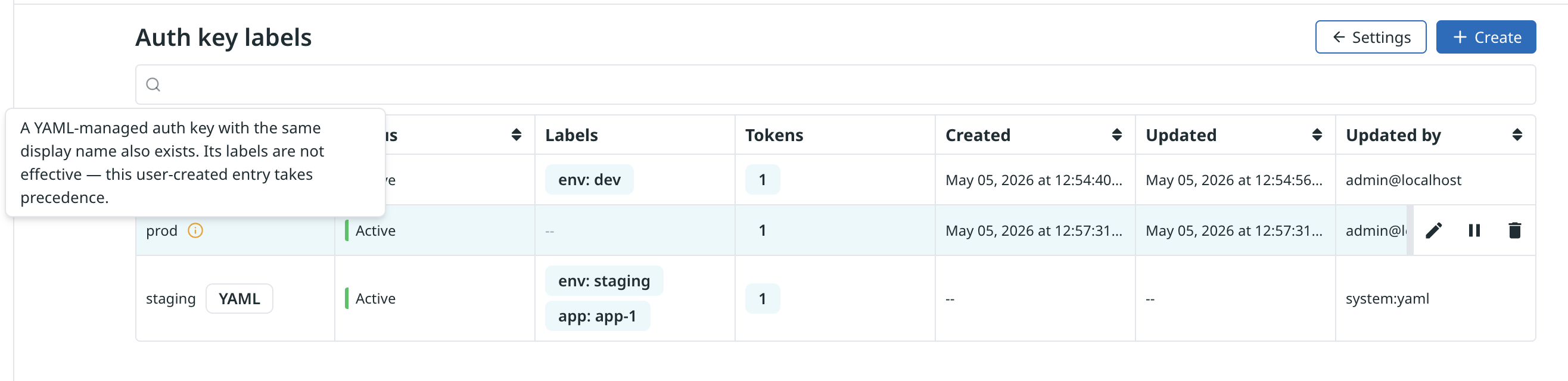 Info icon on a UI row that shadows a YAML entry