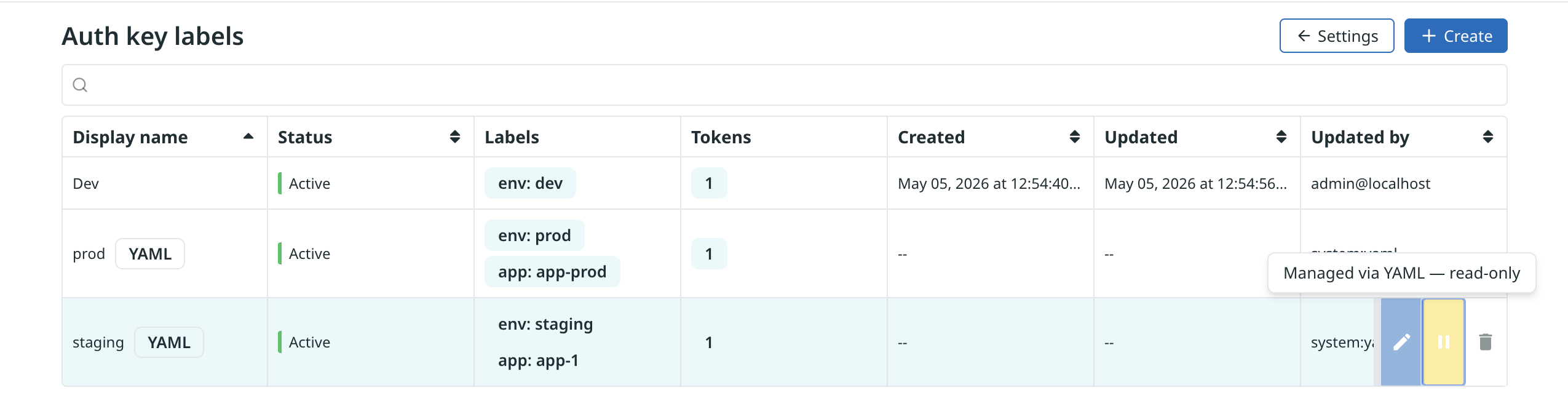 YAML-managed row with disabled edit