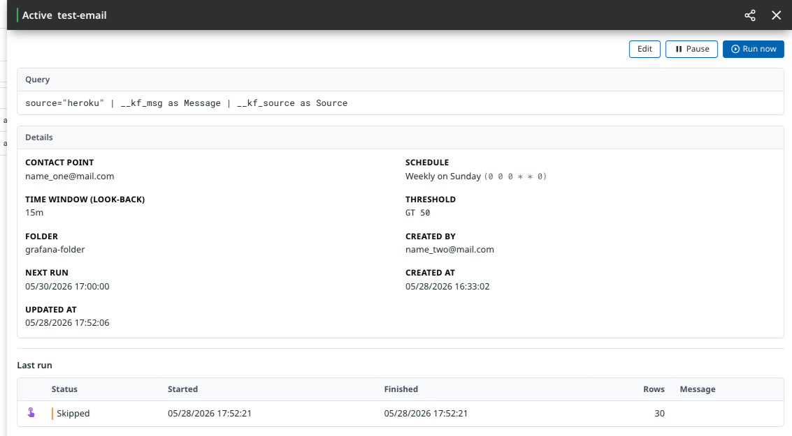 The Scheduled search info panel