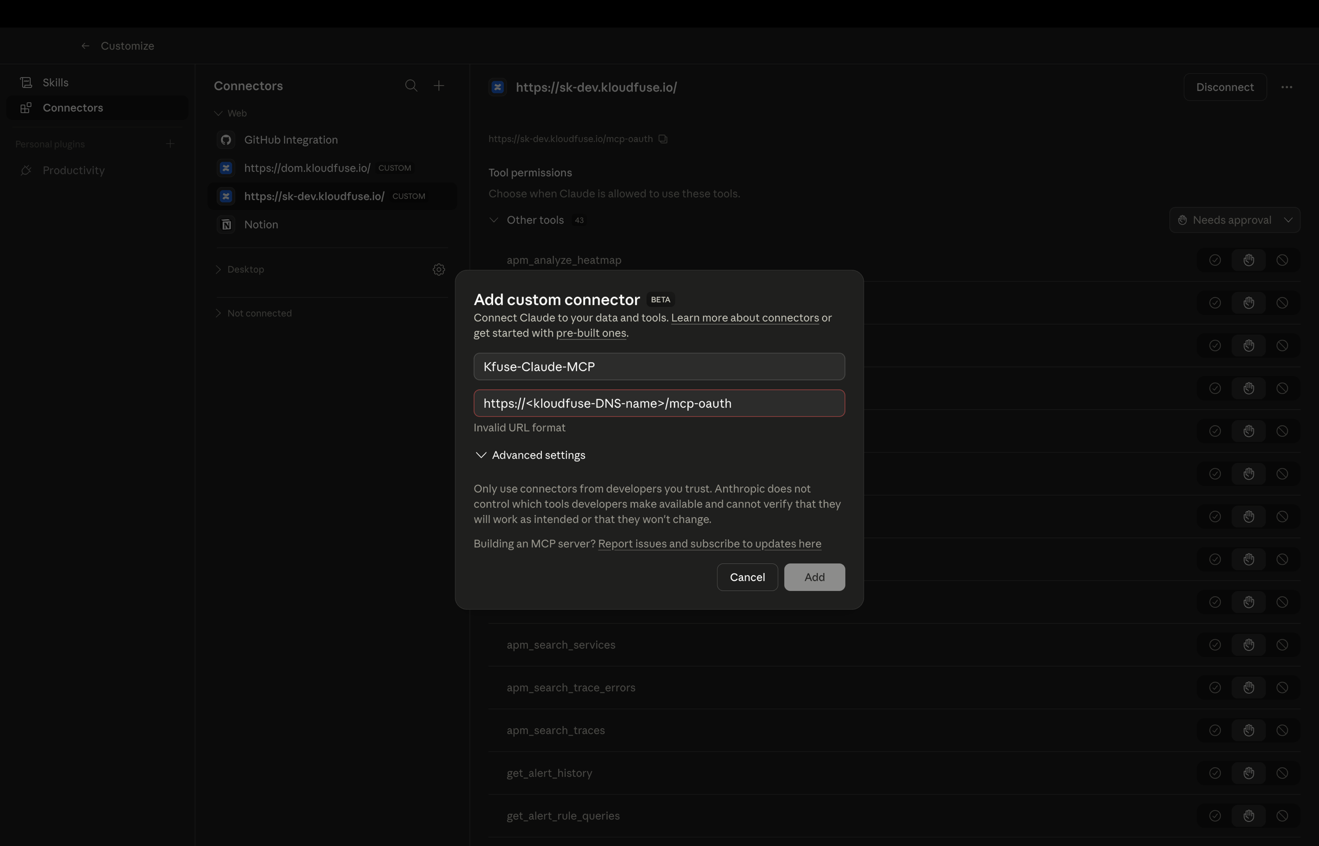 Claude Desktop — Add custom connector dialog