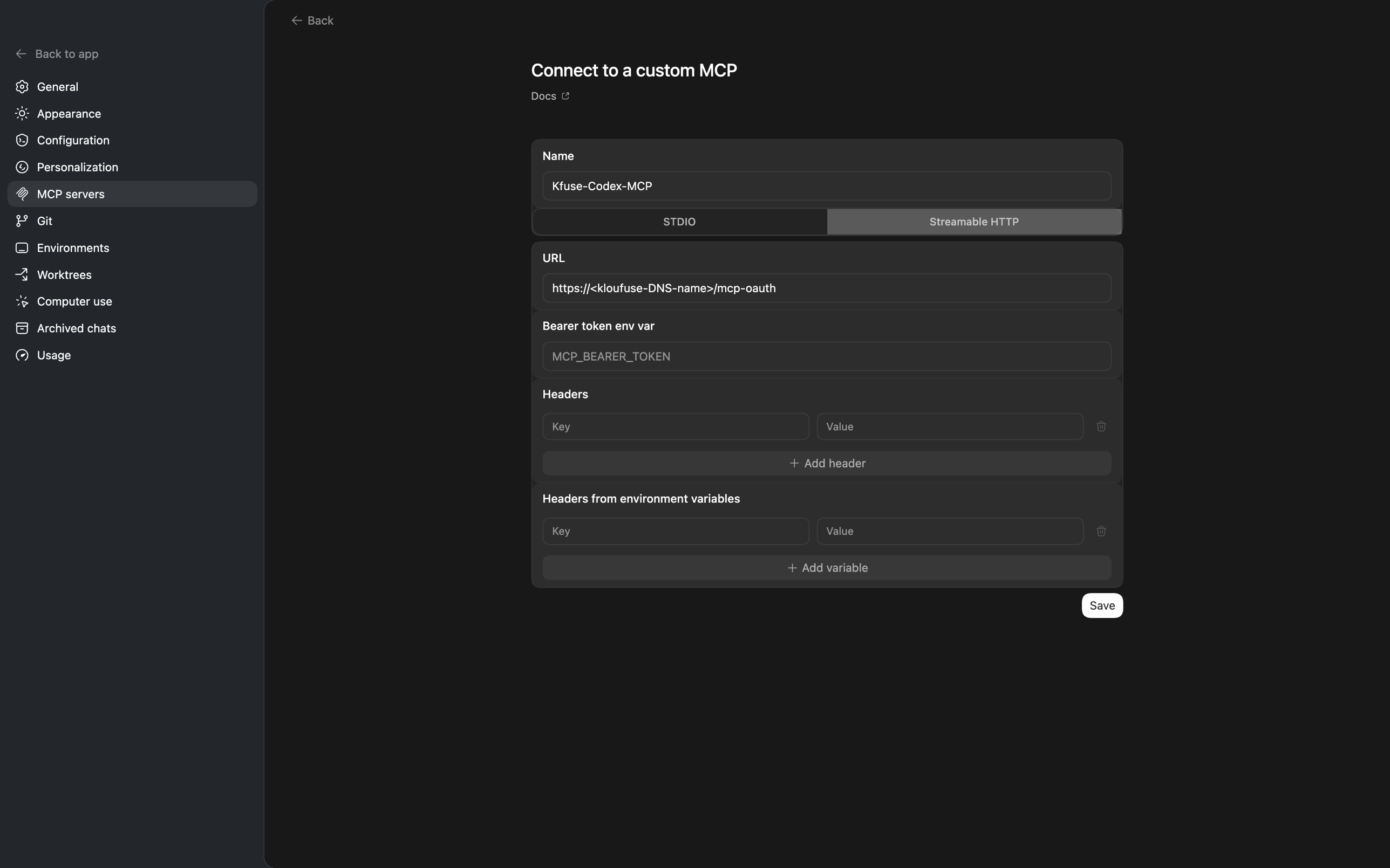 Codex app — Connect to a custom MCP form