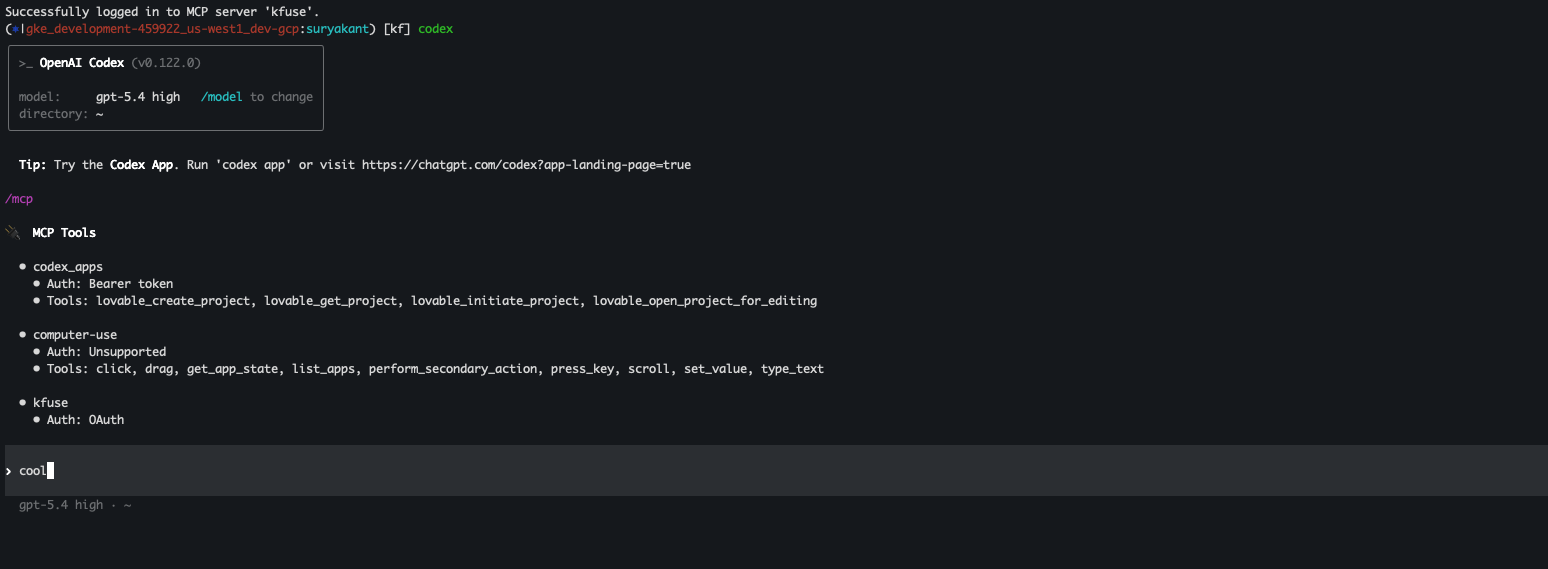 Codex /mcp showing kfuse with Auth: OAuth