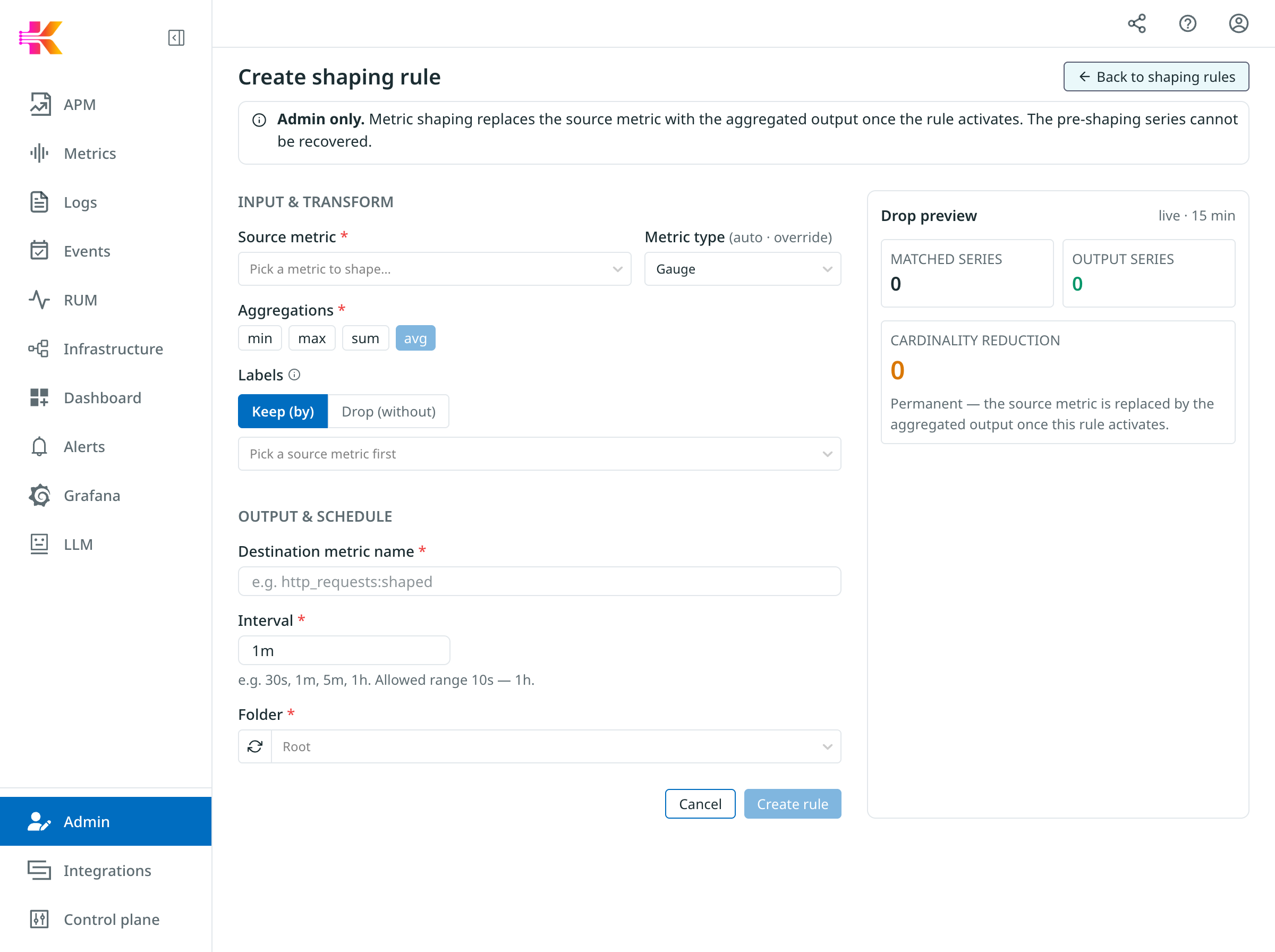 Empty create shaping rule form