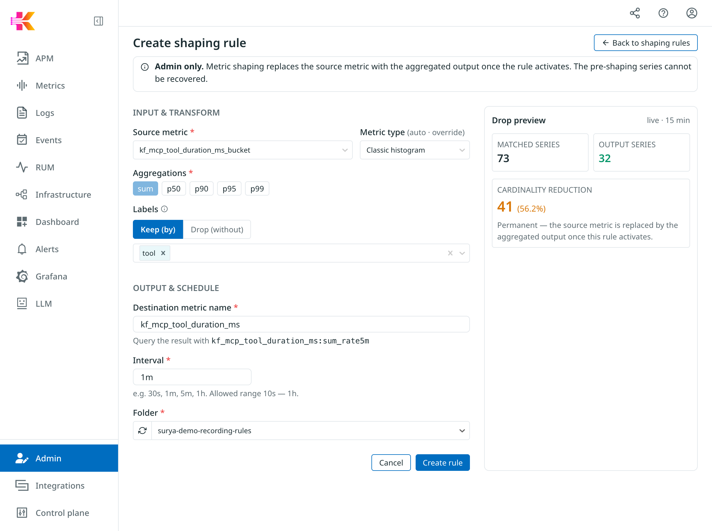 Filled create form with Drop preview showing 56.2% cardinality reduction