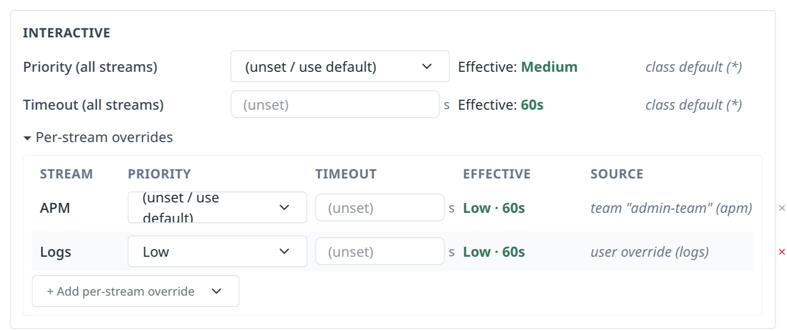 Remove a per-stream override on an entity detail page