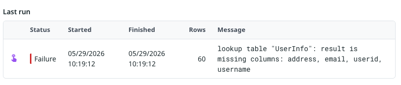 A failed run with an error message
